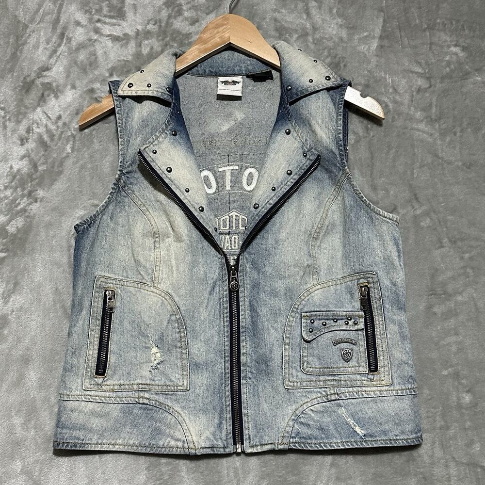 Harley Davidson Womens Denim Patchwork Full Zip Vest Sz M Blue Embroidered Biker - Picture 2 of 8